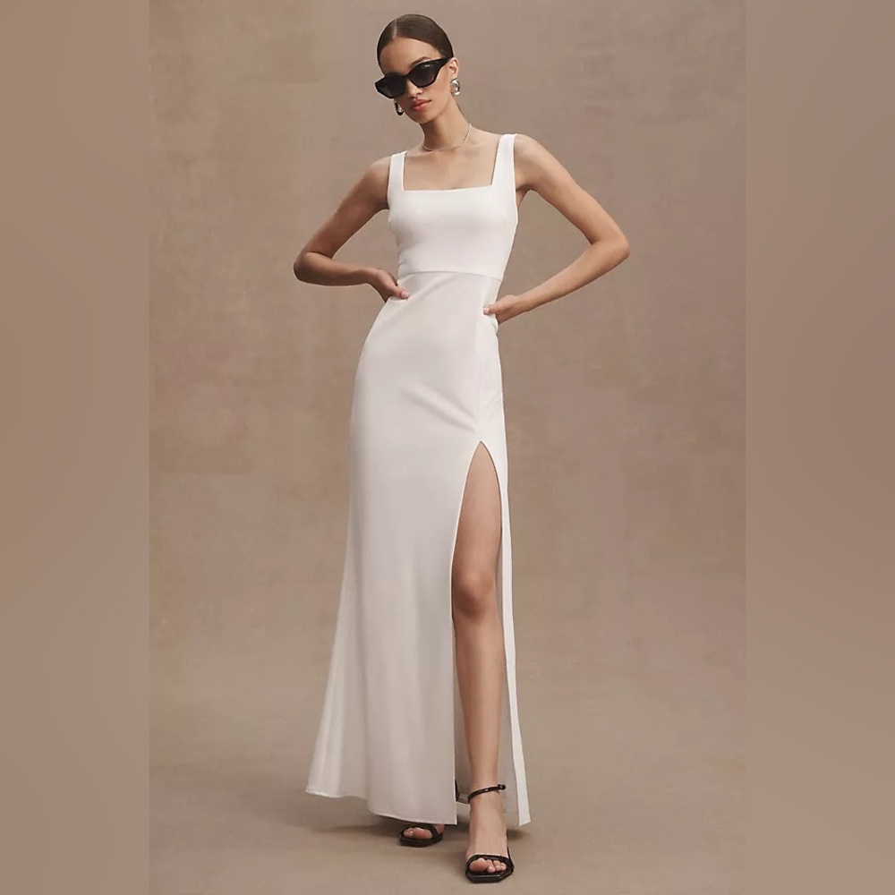Anthropologie Adena Crepe Maxi Dress Crème Square Neck Mermaid w Slit